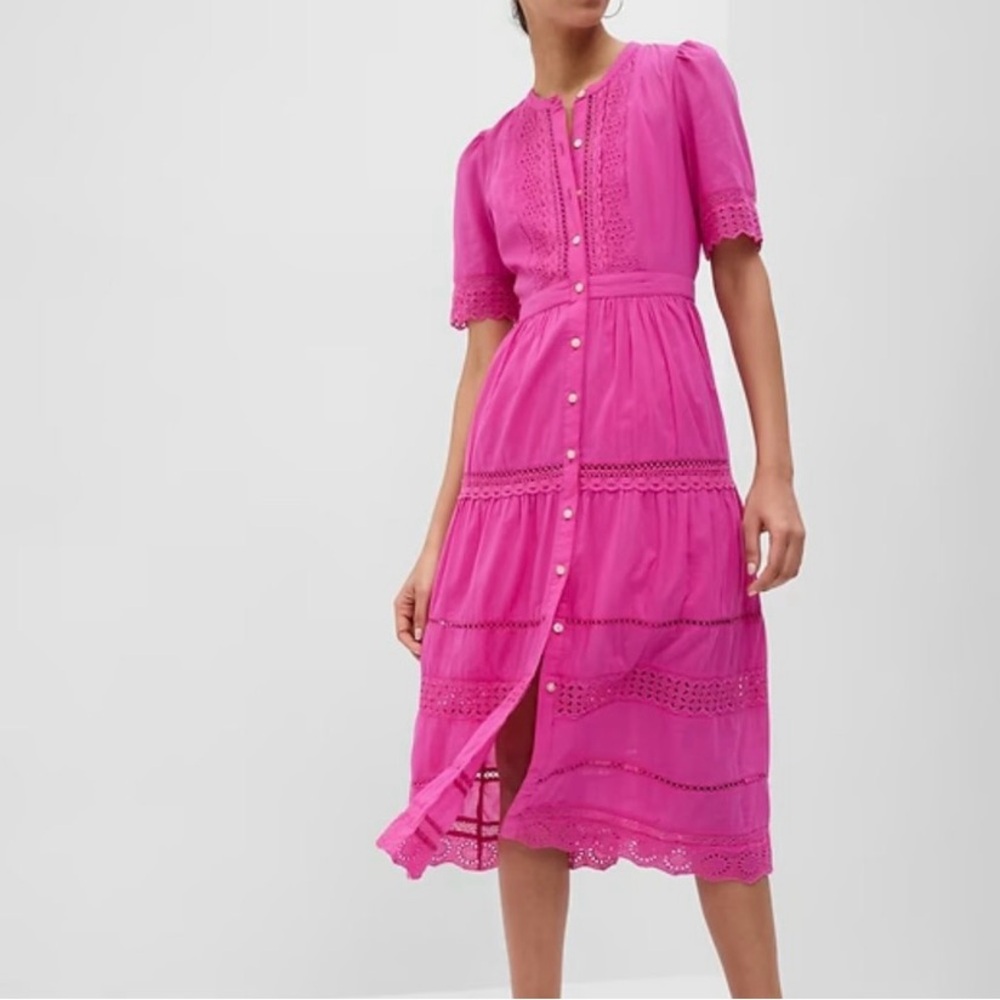 GAP Pink Lace Button-Down Midi Dress